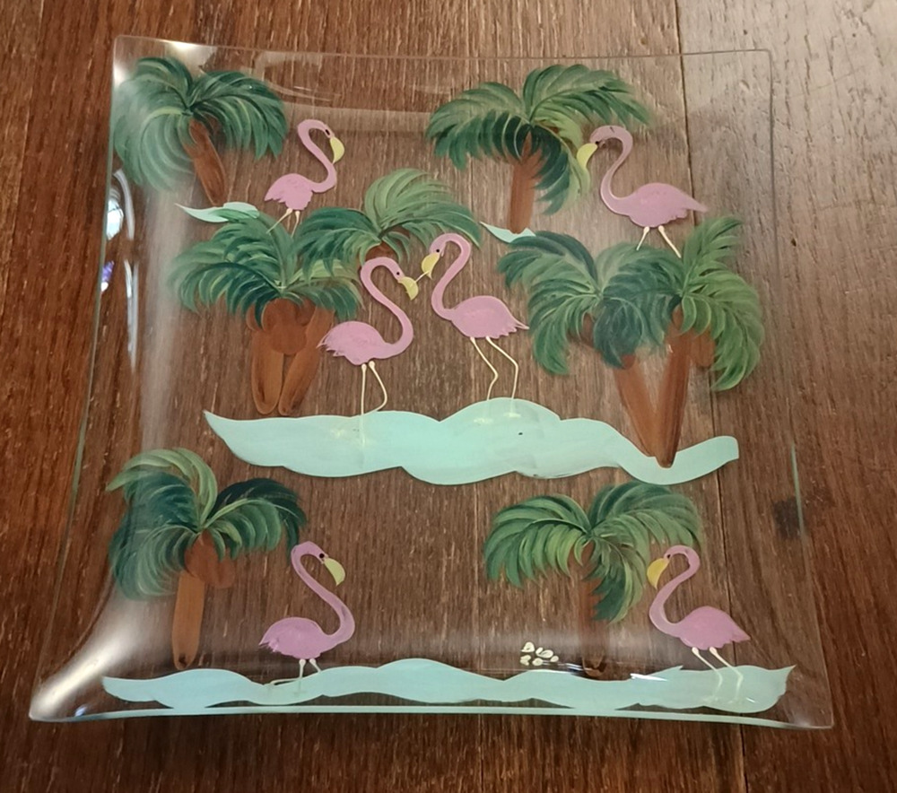 Pink Flamingo Palm Hand Painted Glass Serving Bowl 11.75" Square Unique OOAK!